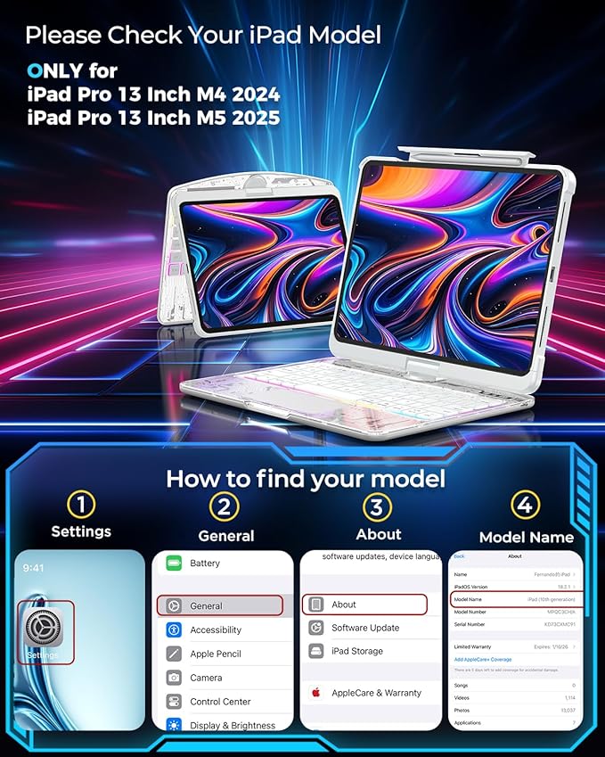 SIBEITU Keyboard Case for iPad Pro 13 Inch M5 2025 / M4 2024, Clear Wireless Keyboard iPad Pro 13inch Cover with Multi-Touch Trackpad, 7-Color Backlight & 3-Brightness, Visible PCB Tech Design, White