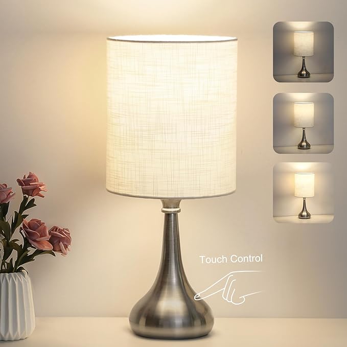 Touch Control Table Lamp, 3 Way Dimmable Simple Night Light Lamp with White Lampshade Silver Metal Base, Small Bedside Table Lamp for Bedroom, Office, Dorm, A19 9W 3000K Bulb Included