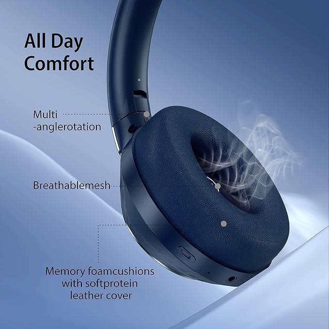 Active Noise Cancelling Headphones, 100H Playtime Headphones Wireless Bluetooth, Bluetooth Headphone with Microphone, Over- Ear Wireless Headphone with Deep Bass for Travel (Blue)
