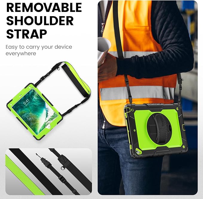 Timecity Case for iPad 6th/ 5th Generation 9.7 Inch 2018/2017 with Rotating Stand Handle Strap, Full-Body Silicone+PC Durable Sturdy Protective Case for iPad 5th/ 6th Gen/Air 2/ Pro 9.7 -Green