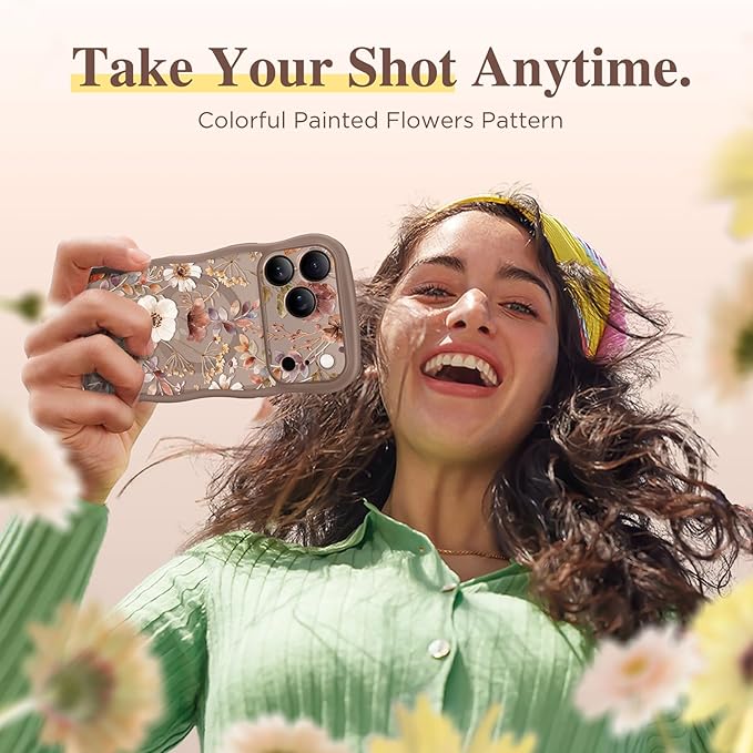 GVIEWIN for iPhone 17 Pro Case Compatible with MagSafe [Curly Wave Edge][Full Camera Protection] Floral Translucent Shockproof Magnetic Women Phone Case for iPhone 17 Pro 6.3'', Corn Poppy/Brown