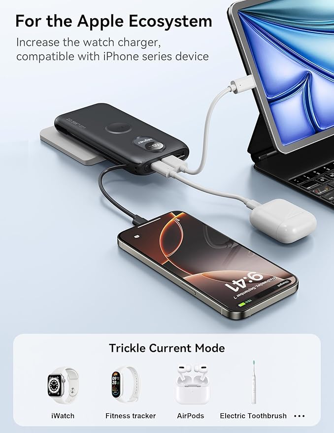 Portable Charger, 10000mAh 22.5W Power Bank Fast Charging with Wall Plug, Built-in Cables, LED Display, Compact Lightweight USB C Travel Battery Pack for iPhone 17/16, Android Cell Phone, Pad, iWatch