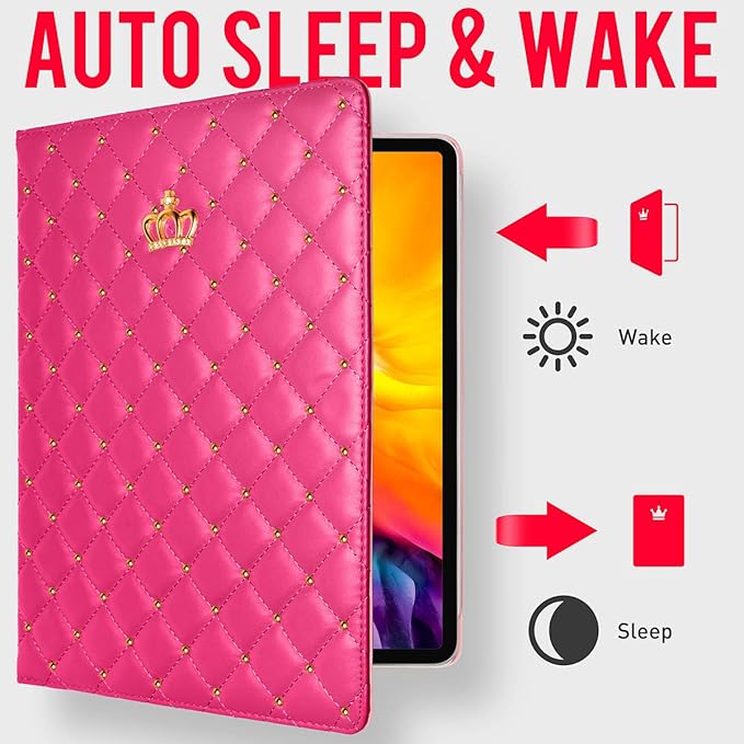 Changjia for iPad Pro 12.9 Inch Case 6th/5th/4th/3rd Generation (2022/2021/2020/2018),Crown Diamond Bling Cute PU Leather Smart Auto Sleep/Wake Stand Shockproof Protective Case for iPad 12.9",Rose Red