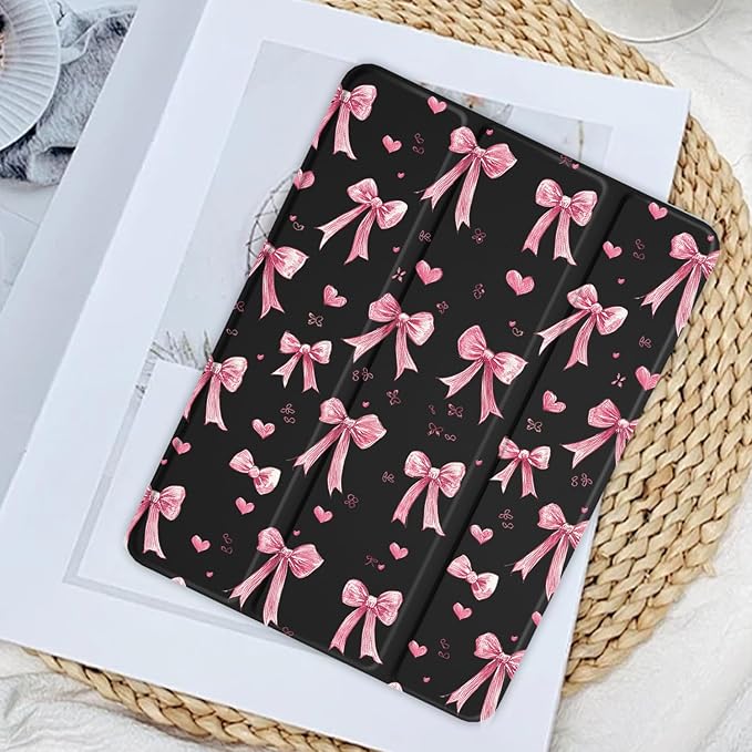 JOYLAND Cartoon Pink Bowknot Case for iPad mini 7th(A17 Pro) 2024 / Mini 6th Generation 8.3" 2021,Clear Transparent Acrylic Hard Back Black Case with Pencil Holder Trifold Stand Tablet Cover