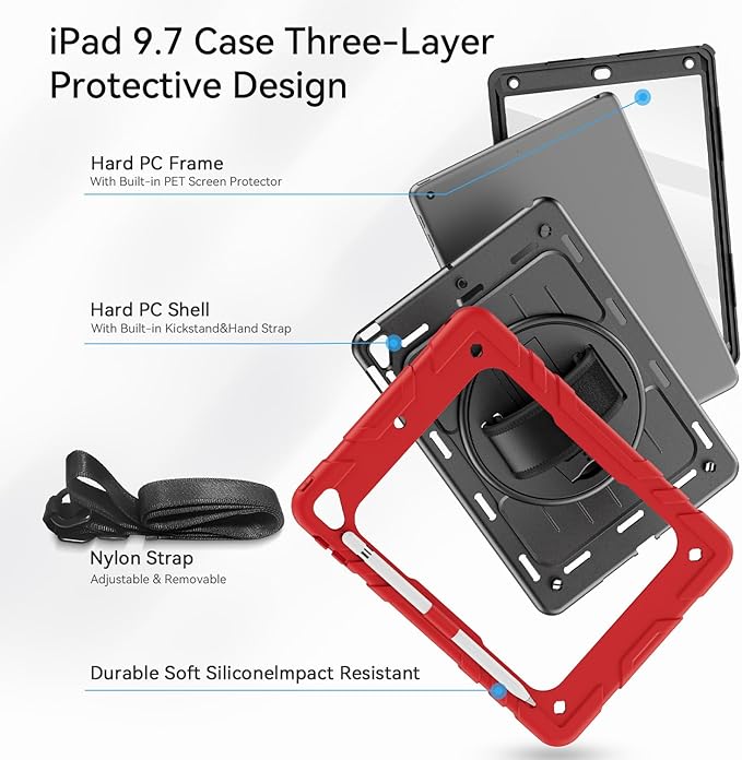 Case for iPad 6th/5th Generation 9.7'' with Screen Protector Pencil Holder [360 Rotating Hand Strap] &Stand, Drop-Proof Case for iPad 6th/5th/ Air 2/ Pro 9.7 (Red&Black)
