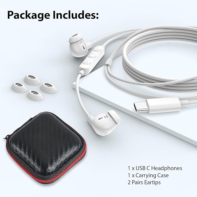 USB C Earbuds Wired USB Type-C Headphones for Apple iPhone 17 16 15 Pro/iPad 10th Generation for Galaxy S26 Pixel 10 Earphones with Microphone Volume Control Noise Isolating HiFi Stereo Headset White