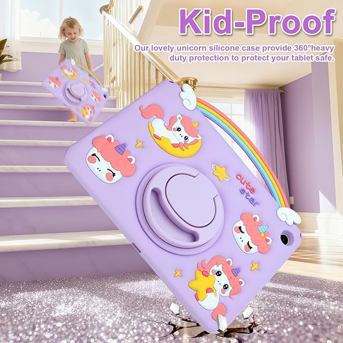 HianDier for Samsung Galaxy Tab A9 Plus Case Kids Girls Cute Unicorn for Galaxy A9+ Plus Tablet Case with Rainbow Handle and Detachable Lanyard Rotatable Kickstand Shockproof Protective Case-Purple