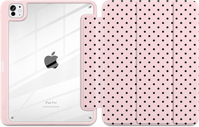 Case for iPad Pro 13 Inch (M5 2025 M4 2024) – [Built-in Pencil Holder], Shockproof & Stylish, Clear Hard Back + Soft TPU Edge, Magnetic Trifold Stand, Auto Wake/Sleep, Pink Polka dot