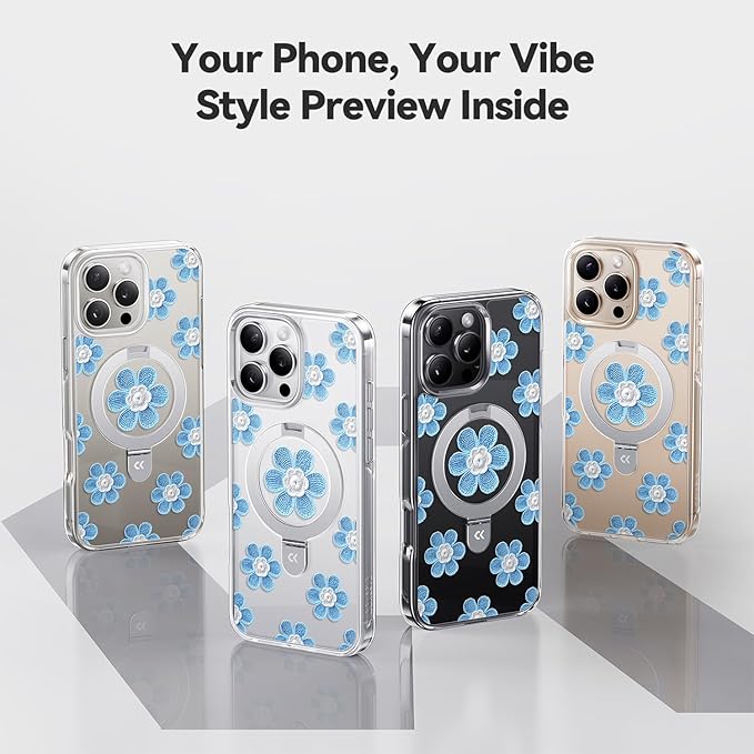 CASEKOO Floral Series Blue Flowers for iPhone 16 Pro Case with Magnetic Ring Stand [Compatible with MagSafe] [Military-Grade Protection] Fashion Clear Back, Soft Edge, for Women
