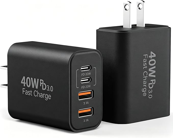USB C Wall Charger Block, 2-Pack 40W 4-Port Fast Charging Block PD Power Adapter +QC 3.0 USB A Wall Plug Multiport Type C Box Cube for Phone 15/14/13/12/11 Pro Max, Galaxy, Pixel