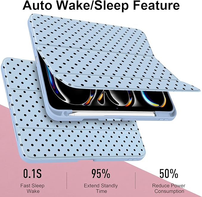 Case for iPad Pro 11 Inch (M5 2025 M4 2024) – [Built-in Pencil Holder], Shockproof & Stylish, Clear Hard Back + Soft TPU Edge, Magnetic Trifold Stand, Auto Wake/Sleep, Blue Polka dot