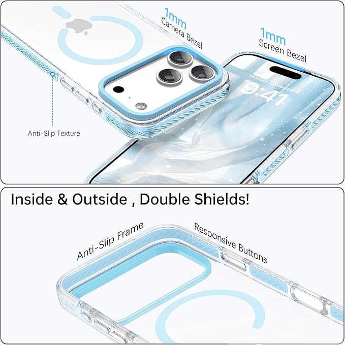 BENTOBEN Magnetic for iPhone 17 Pro Max 6.9" Case, Compatible with Magsafe Military Shockproof Protective Bumper Cute Transparent Slim Anti-Yellowing Phone Case for iPhone 17 Pro Max Cover, Clear Blue