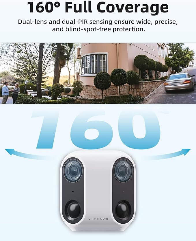 VIRTAVO Solar Security Camera Outdoor Wireless, Dual Lens Camera with Free AI Detection, Color & IR Night Vision, Optional Cloud & Local Storage, No Subscription, IP65, 2.4GHz WiFi