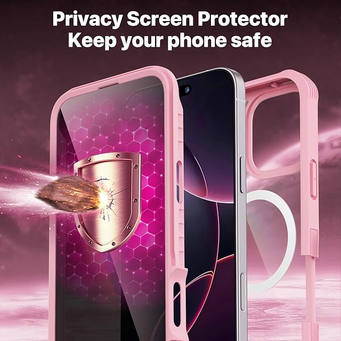 CENHUFO Magnetic Privacy for iPhone 16 Pro Case [Compatible with Magsafe] Full Body Phone Case Built-in 9H Tempered Glass Privacy Screen Protector and Camera Lens Cover, Shockproof Bumper - Pink