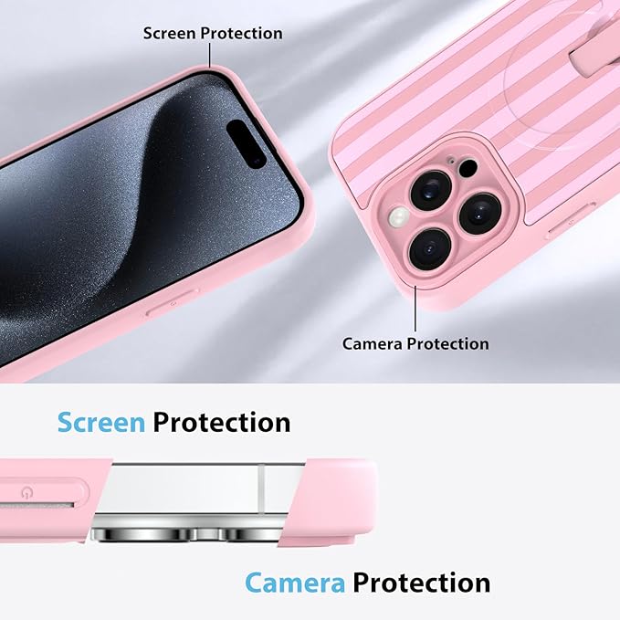 KANGHAR Compatible with iPhone 15 Pro Case, Support for MagSafe, Silicone Stripes Cute Pattern, Wristband Kickstand Camera Protection Soft Slim Cover for Girls Women -Pink