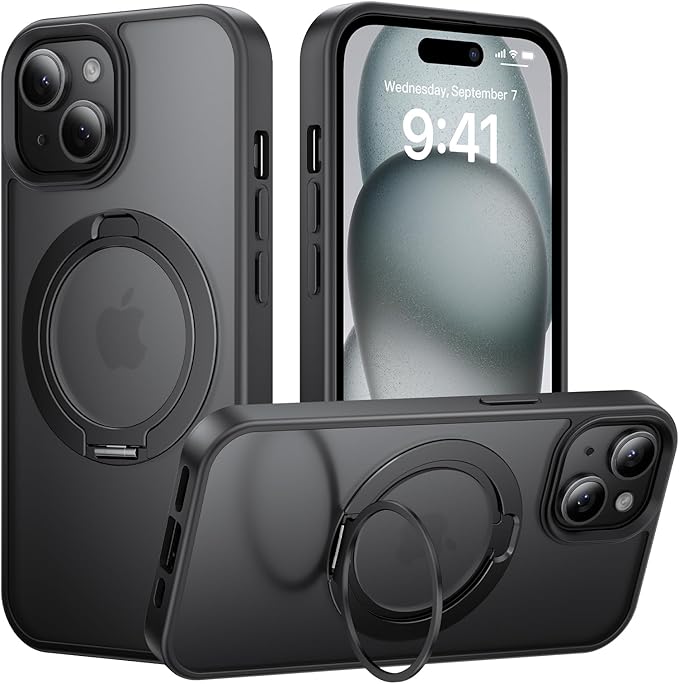Tigowos Magnetic for iPhone 15 Case with 360° Rotating Stand, Drop Resistant Matte Skin Feeling Back Cover Shockproof Slim Fit for iPhone 15 Phone Case, Black-Stand