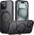Tigowos Magnetic for iPhone 15 Case with 360° Rotating Stand, Drop Resistant Matte Skin Feeling Back Cover Shockproof Slim Fit for iPhone 15 Phone Case, Black-Stand