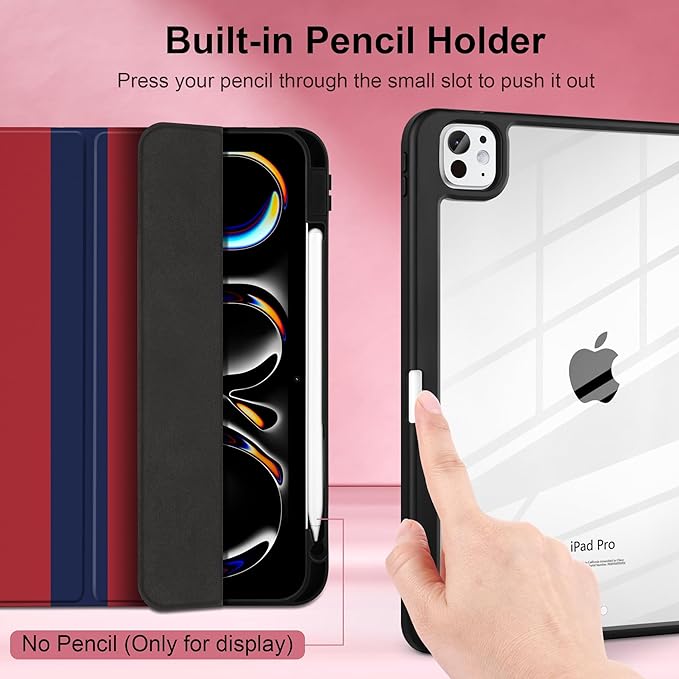 Case for iPad Pro 11 inch (M5) 2025 (M4) 2024 Release Slim Lightweight Stripe Design Cover with Clear Back TPU Edge Pencil Holder Trifold Stand, Red Blue Stripes
