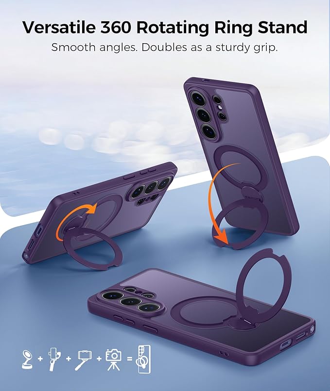 FNTCASE for Samsung Galaxy S26-Ultra Case: [360 Spin Magnetic Stand] [Compatible with Magsafe] [Screen Protector] Translucent Matte Military Grade Shockproof Full Camera Protective Phone Cover -Purple