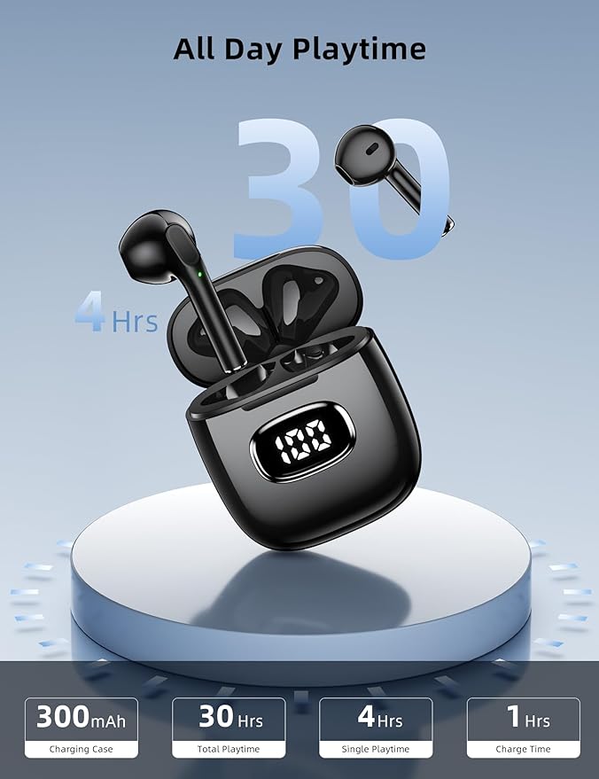 Bluetooth Headphones True Wireless Earbuds, LED Power Display All Day Playback HiFi Stereo Earphones with Mic for Samsung Galaxy S26 S25 Ultra S24 S23 Comfort Fit Sports Ear Buds for iPhone 17 Pro Max