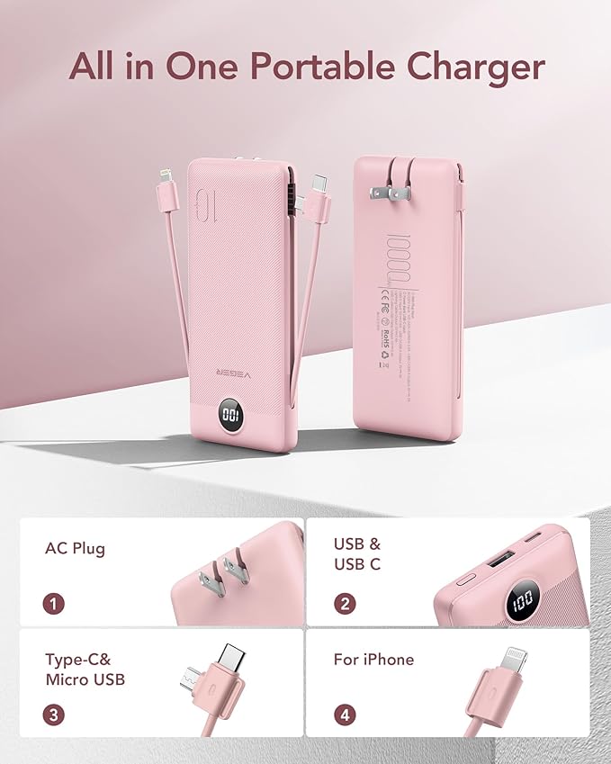 VEGER Portable Charger with Built-in AC Plug and Cables, All in One 10000mAh Ultra Slim Power Bank Travel Essentials, Fast Charging Battery Pack Compatible with iPhone, Samsung, Android (Crepe)