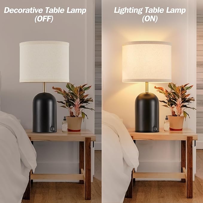 GyroVu Touch Control Table Lamps Set of 2, Modern Bedside Lamp with 2 USB Ports, Dimmable Gold and Black Nightstand Lamp with Fabric Shade for Living Room Bedroom Office Dorm(LED Bulbs Included)