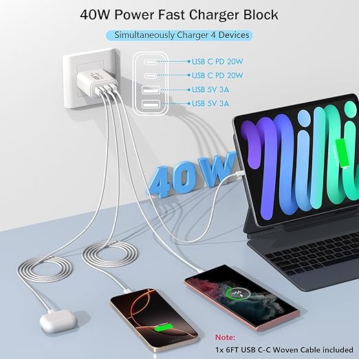 [Apple MFi Certified]40W iPhone 17/16/15 Fast Charger,PD 40W Type C Apple Charger 4 Port Wall Plug with 6FT USB C-C Fast Charging Woven Cord for iPhone 17/17 Pro/16/16e/16 Pro Max/15/iPad Pro/Air/Mini