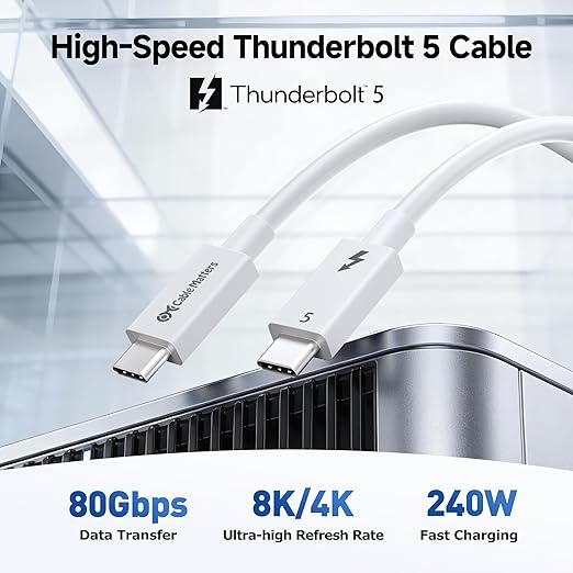Cable Matters [Intel Certified] 80Gbps Thunderbolt 5 Cable with up to 120Gbps Bandwidth Boost and 240W Charging - 1m / 3.3ft, Compatible with Thunderbolt 4, USB4, and USB C, White