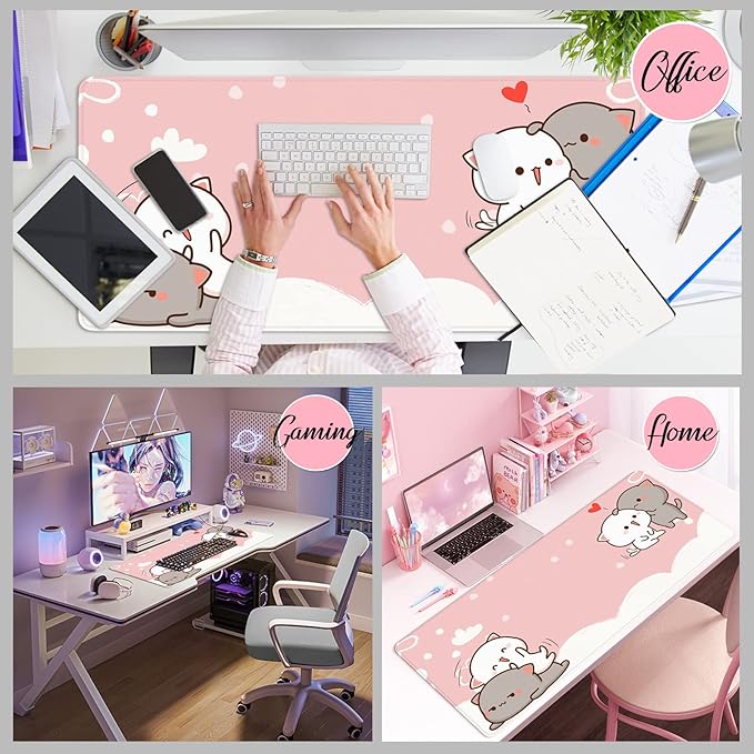 Pink Large Gaming Mouse Pad Cat Desk Mat Cute Mouse Mat 35x15.7x0.12 inch Women Extra Large Desk Pad (Pink -4)
