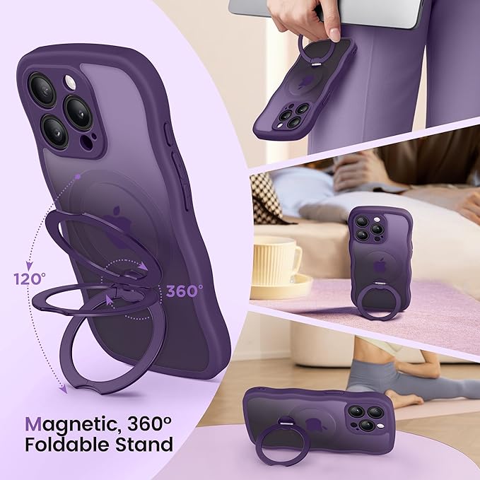 CAPRARO for iPhone 13 Pro Case with 360° Spin Magnetic Stand for Women, [Compatible with MagSafe] [Full Camera Protection] Cute Wave Translucent Matte Case for iPhone 13 Pro, Deep Purple