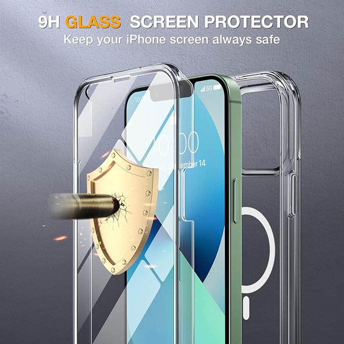 Miracase for iPhone 13 Case 6.1'',Full-Body Magnetic Clear Bumper Case with Built-in 9H Tempered Glass Screen Protector,Military Drop Protection Outdoor Phone Case,Clear