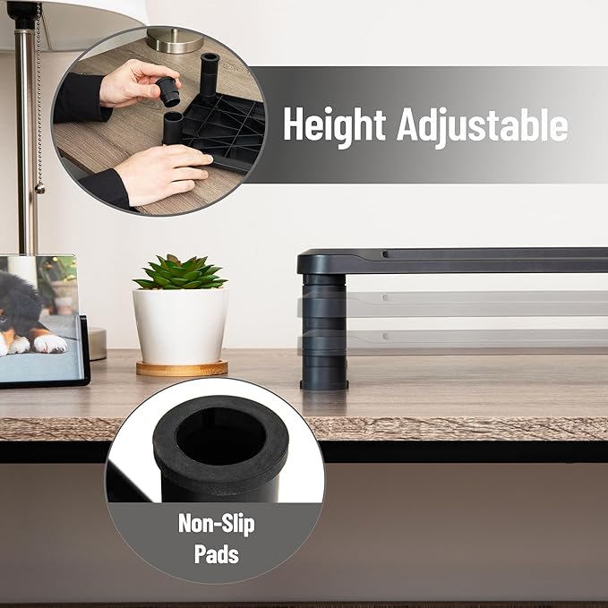 Mind Reader Monitor Stand, Height Adjustable, Laptop, Computer, Riser, Office, Set of 2, Black