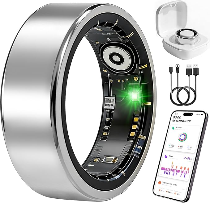 Smart Ring Fitness Tracker for Women and Men, Heart Rate Monitor, Sleep and Stress Monitoring, Menstrual Cycle Tracking, Step Counter, IP68 Waterproof, No Subscription, Compatible with iOS and Android