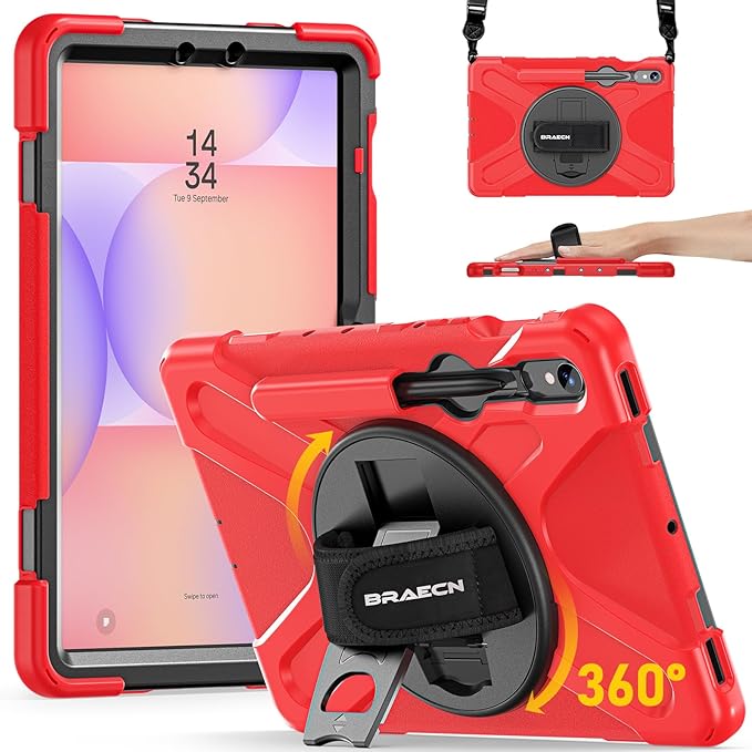BRAECN Case for Samsung Galaxy Tab S10 Lite/S10 FE/S9 FE 5G 10.9"& S9/S8/S7 11",Heavy Duty Shockproof Silicone Cover with 360 Rotating Stand &Hand Strap, Kickstand, Shoulder Strap, S Pen Holder