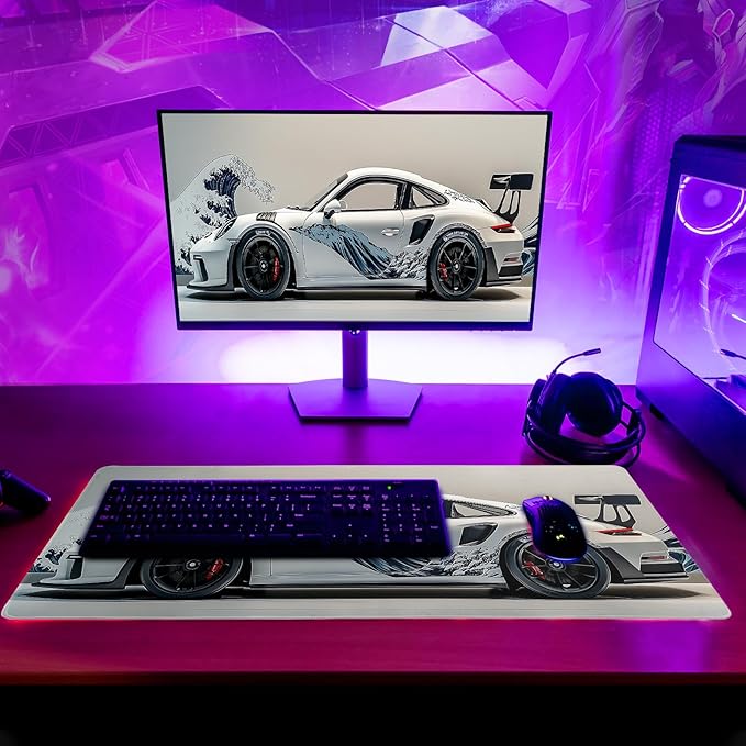White Ukiyo-e Style Sports Car Large Gaming Mouse Pad Desktop Mat 31.5x11.8 Inch - Non-Slip Rubber Base - for Gamers - Perfect for Gamers & PC Enthusiasts