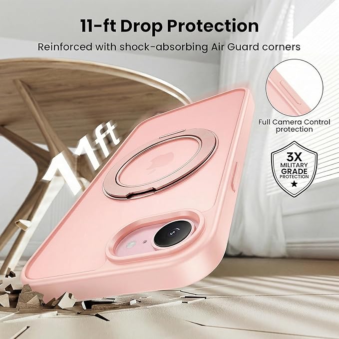 360°Ring Stand for iPhone 16E/17E Case with 2X Screen Protector,Fit for MagSafe, Anti-Yellowing & Scratch-Resistant Back Phone Case for iPhone 16E/17E 6.1", Pink