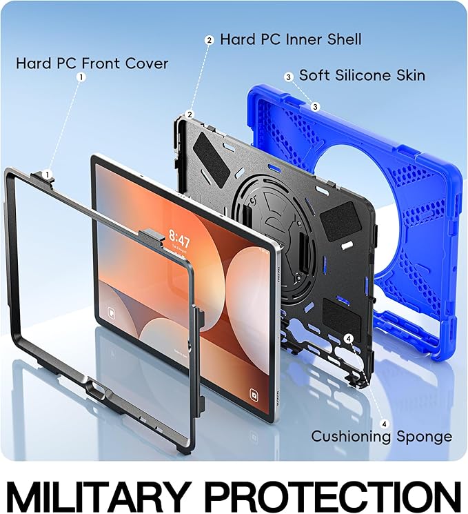 BRAECN for Samsung Galaxy Tab S10 Plus Case 2024/S9 Plus/S9 FE+/S8 Plus/S7 Plus /S7 FE 12.4 Inch,Heavy Duty Shockproof Case with S Pen Holder&360 Rotating Hand Strap/Kickstand Shoulder Strap,Blue