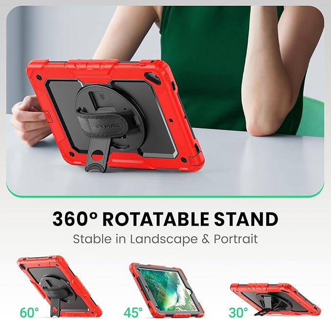 SEYMAC Case for iPad 6th/5th Generation 9.7 Inch, Full-Body Shockproof Heavy Duty Protective Case with Screen Protector, Rotating Stand/Hand/Shoulder Strap for iPad Air 2/ Pro 9.7, Red