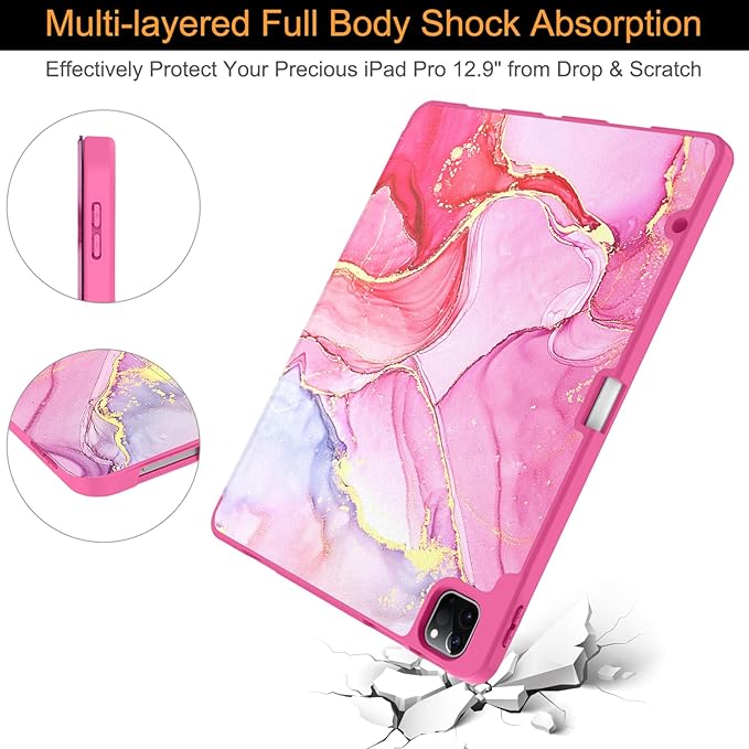 Soke Case for iPad Air 13 Inch (M4/M3/M2,2026-2024), iPad Pro 12.9" 6th/5th Generation with Pencil Holder(2021 2022 Release)-[Apple Pencil Charging + Auto Wake/Sleep] Soft Back Cover, Hot Pink Marble