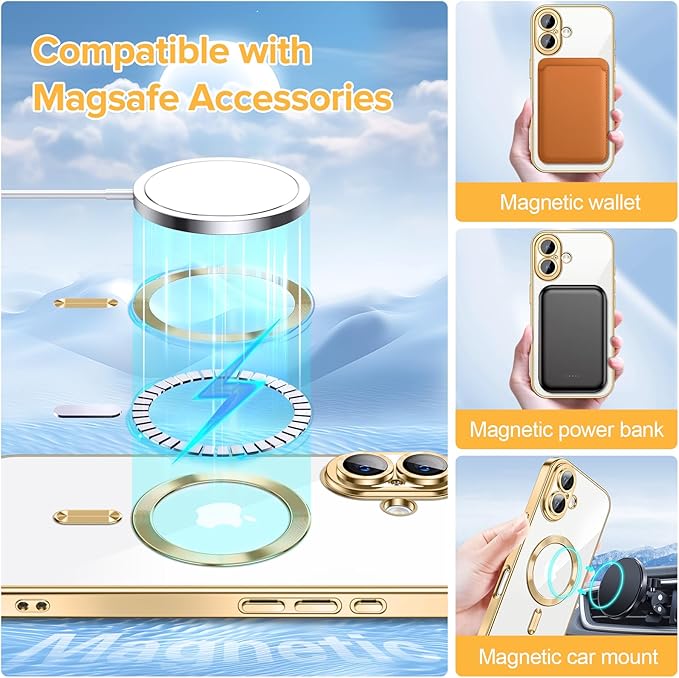 Hython Magnetic Clear for iPhone 16 Case with Camera Lens Protector [Compatible with MagSafe] Luxury Plating Edge Slim Soft TPU Cover Protective Phone Case for iPhone 16 6.1", Gold
