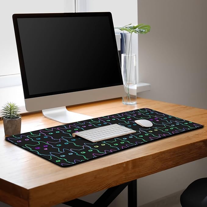 Big Mouse Pad Black Purple The Desk Pad Computer Mouse Pads Keyboard Pads Deskmat Waterproof Non-Slip Rubber Base 35.4" X 15.7" for Game Office, Cartoon Cat with Neon Lines Design