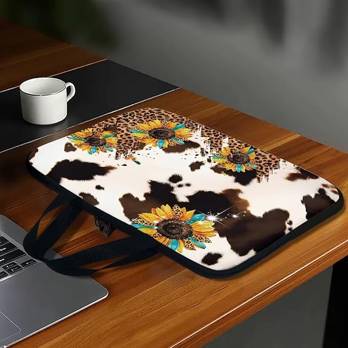 Cow Print Sunflower Laptop Sleeves & Cases, Laptop Tote Bag with Handle, Men Women School Travel Business Computer Carrying Bag for 10" 12" 13" 15" 17 inch Tablet/Notebook/Reader