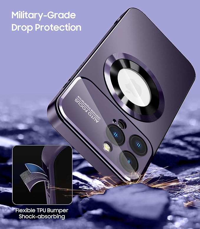 MAKAVO Magnetic for iPhone 13 Pro Max Case, Compatible with MagSafe, Built-in Camera Lens Protector, Logo View, Military Grade Drop Proof Phone Case Cover, Purple