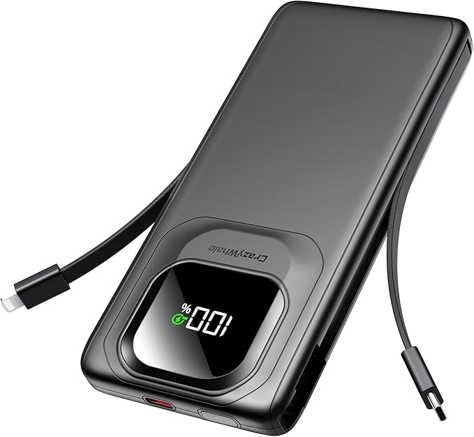 Portable Charger with Built-in Cables,22.5W Super Fast Charging Power Bank Slim Phone Charger,10000mAh Travel Battery Pack Battery Bank with Smart LED Display for iPhone, Android & USB-C