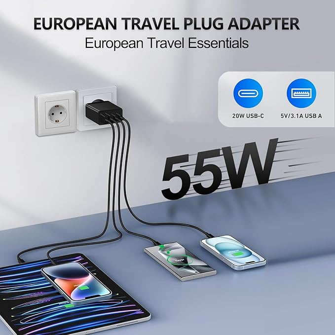European USB C Charger, 55W European Travel Plug Adapter 4-Port USB C Fast Charging Block US to Europe Plug Adapter Type C Power Adaptor for iPhone 17 16 15 14 13 12 11 Pro Max X 8, Galaxy, Android