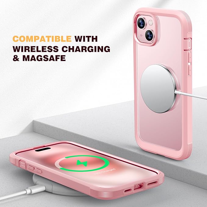 Diaclara Designed for iPhone 15 Plus Case 6.7 Inch,Full Body Rugged Case with Built-in Touch Sensitive Anti-Scratch Screen Protector+9H Tempered Glass Camera Lens Protector, Coral Pink