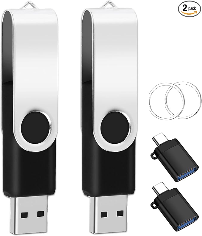 EASTBULL 2 Pack of 32GB USB 2.0 Flash Drives with 2 Type-C Adapters and Keychains, High Speed 360 Rotatable Swivel Thumb Drives 32GB (Black)