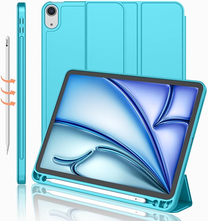 iMieet iPad Air 11 Inch Case M4/M3/M2(2026/2025/2024), iPad Air 5th/4th Generation Case 2022/2020 10.9 Inch with Pencil Holder,Trifold Stand Smart Case with Soft TPU Back(New Cyan)