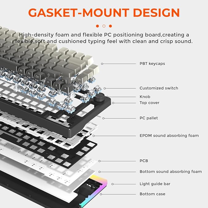DAREU EK75PRO Wireless Mechanical Keyboard,75% Hot Swap Creamy Gaming Keyboard with Knob,RGB Backlit,Gasket Custom Structure,Side Printed PBT Keycaps,2.4Ghz/BT5.1/USB-C, for Win/MAC