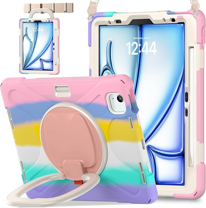BATYUE Case for iPad Air 11-inch M4 (2026)/ M3 (2025)/ M2 (2024), iPad Air 5th/4th 10.9 inch(2022/2020), iPad Pro 11" 4th/3rd/2nd/1st Kids Cover with 360° Rotating Stand, Pencil Holder, Strap, Pink